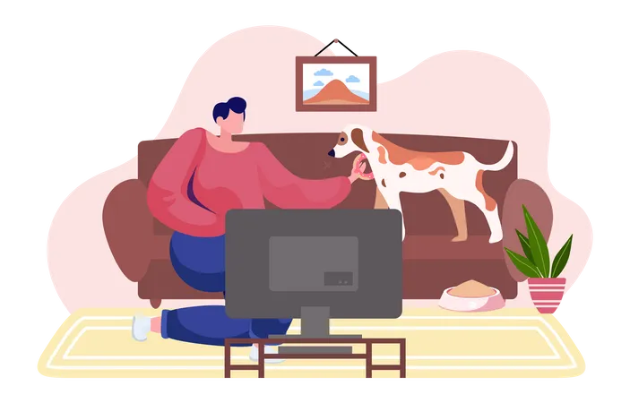 Mädchen mit dem Hund ruht sich zu Hause aus  Illustration