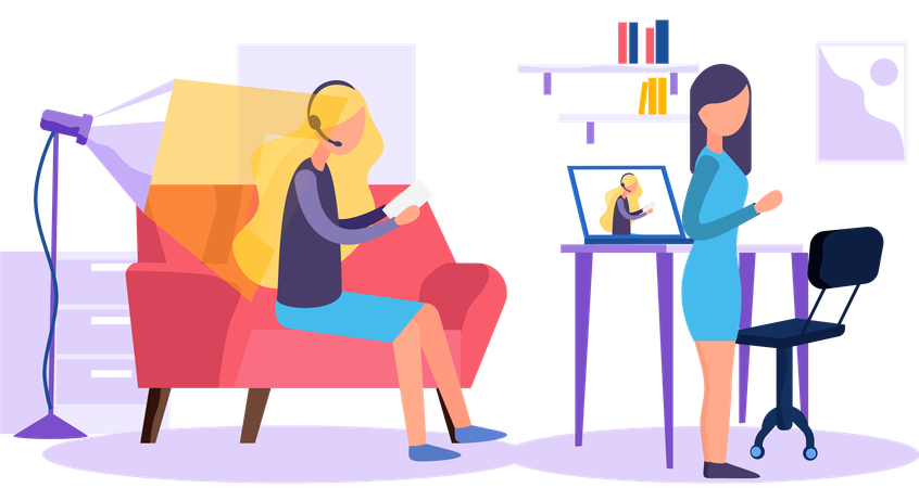 Mädchen mit Kopfhörern nimmt ein Video auf  Illustration