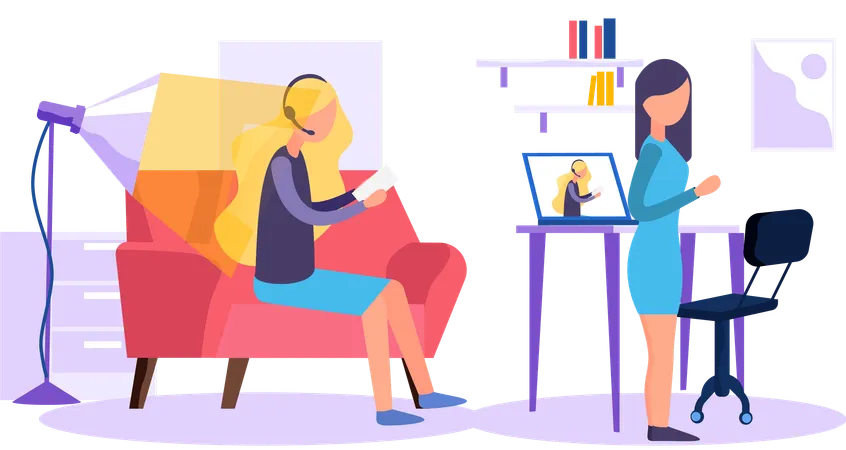 Mädchen mit Kopfhörern nimmt ein Video auf  Illustration