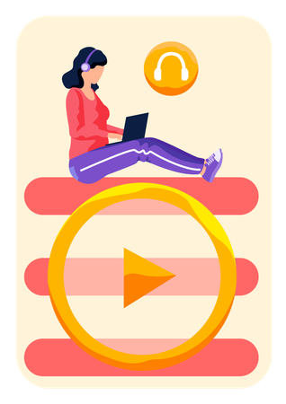 Mädchen mit Kopfhörern schaut sich Video-Tutorial an  Illustration