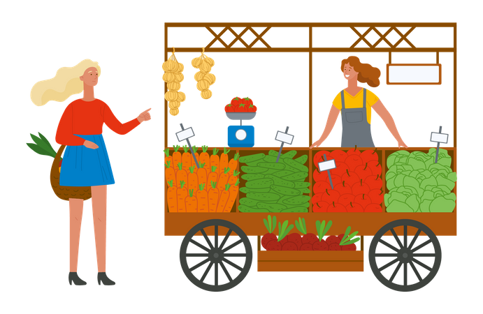 Mädchen mit Korb kauft Obst beim Obsthändler  Illustration