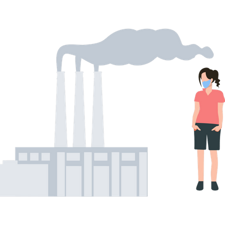 Mädchen mit Maske betrachtet die Verschmutzung durch den Fabrikrauch  Illustration