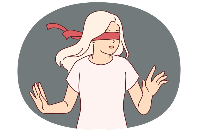 Mädchen mit verbundenen Augen kann aufgrund erzwungener Blindheit nicht im Raum navigieren und dreht sich mit ängstlichen Emotionen um  Illustration