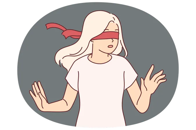 Mädchen mit verbundenen Augen kann aufgrund erzwungener Blindheit nicht im Raum navigieren und dreht sich mit ängstlichen Emotionen um  Illustration