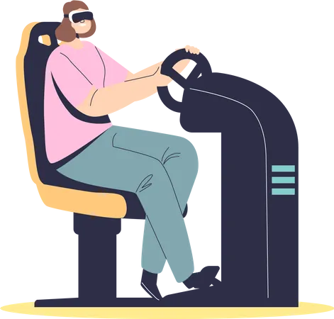 Mädchen mit VR-Brille beim Gaming mit Joystick am Lenkrad  Illustration