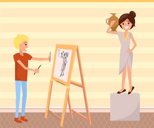 Mädchen-Modell posiert für Bild Künstler malt Porträt aus der Natur  Illustration