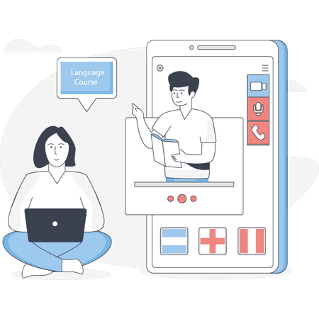 Mädchen nimmt an Online-Sprachkurs teil  Illustration