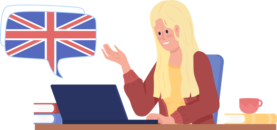 Mädchen nimmt an Videokurs für britisches Englisch teil  Illustration