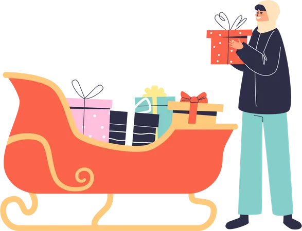 Mädchen nimmt Geschenkbox aus dem Weihnachtsschlitten. Weihnachtsgeschenke in Schlittendekoration für den Außenbereich  Illustration