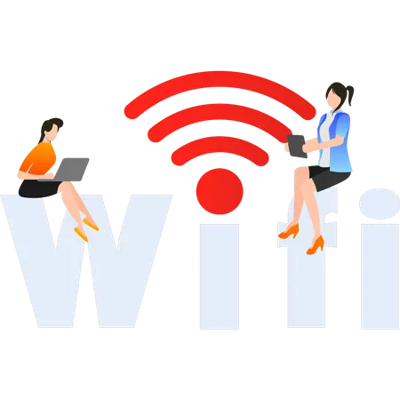 Mädchen nutzen WLAN im Laptop  Illustration