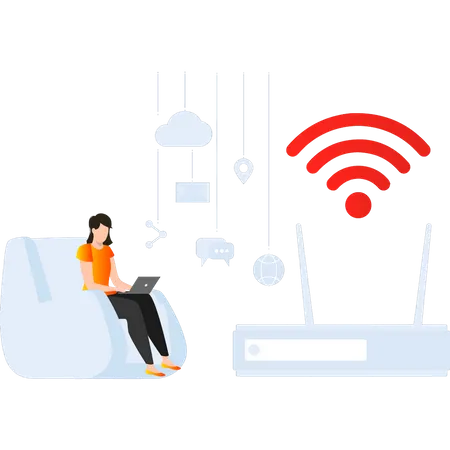 Mädchen nutzt WLAN auf Laptop  Illustration