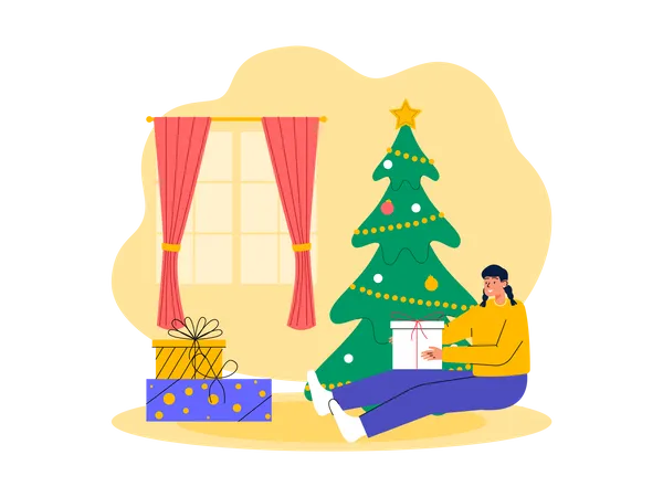 Mädchen öffnet Weihnachtsgeschenk  Illustration