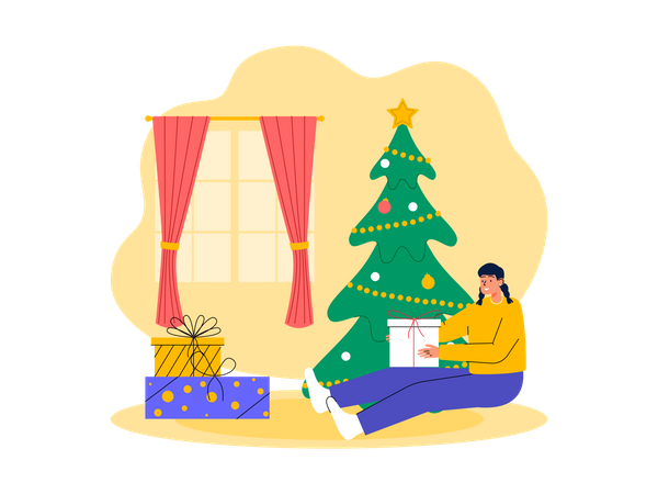 Mädchen öffnet Weihnachtsgeschenk  Illustration