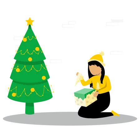 Mädchen öffnet Weihnachtsgeschenk in der Nähe von Weihnachtsbaum  Illustration