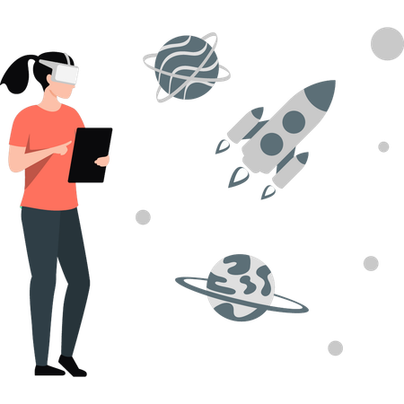 Mädchen präsentiert Startup-Rakete  Illustration