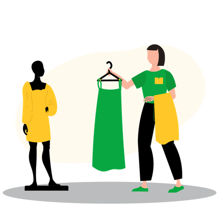 Mädchen probiert neues Kleid im Modegeschäft an  Illustration
