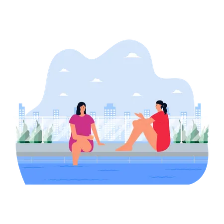 Mädchen reden am Schwimmbad  Illustration
