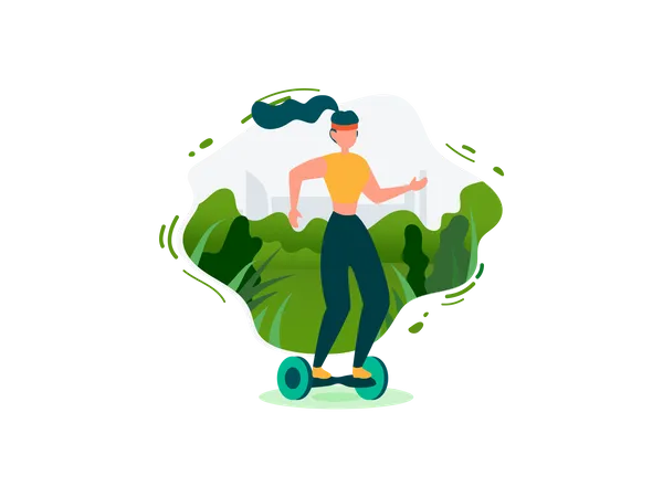Mädchen reitet Hoverboard im Garten  Illustration