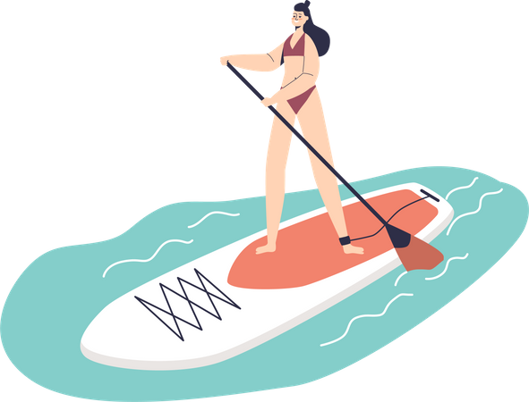 Mädchen reitet Sup-Board mit Paddel  Illustration