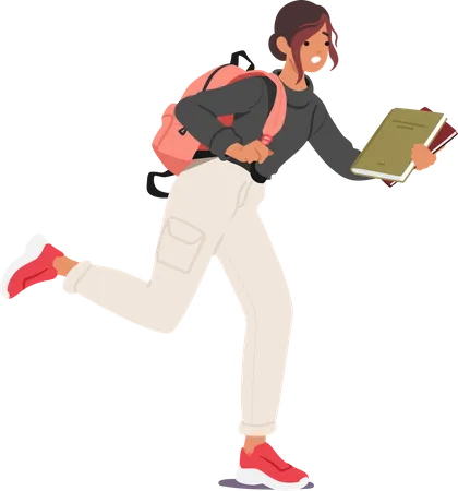 Mädchen läuft mit Rucksack und Stapel Bücher in den Händen zu spät zum Unterricht in der Uni  Illustration