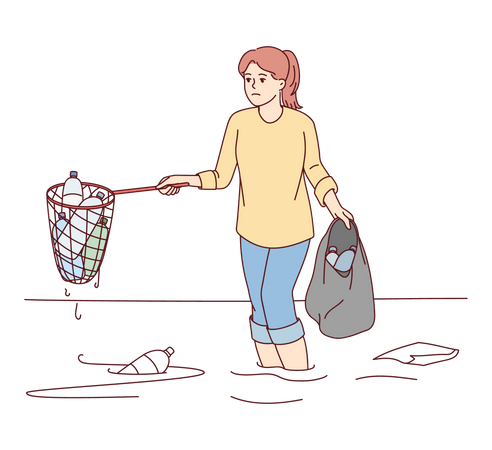 Mädchen beim Plastikflaschen sammeln  Illustration