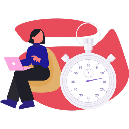 Mädchen sucht Wecker während der Arbeit am Laptop  Illustration