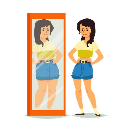 Mädchen schaut in den Spiegel ohne Selbstliebe  Illustration