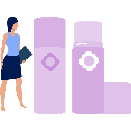 Mädchen schaut sich Beauty-Primer-Flasche an  Illustration