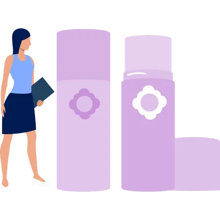 Mädchen schaut sich Beauty-Primer-Flasche an  Illustration