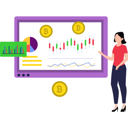 Mädchen schaut sich Bitcoin-Analysen an  Illustration