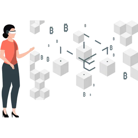 Mädchen schaut sich Blockchain-Entwicklung an  Illustration