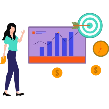 Mädchen schaut sich das Ziel der Dollar-Grafik an  Illustration