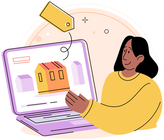 Mädchen schaut sich online ein Haus an  Illustration