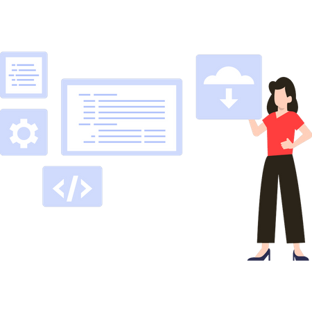 Mädchen schaut sich Software-Codierung an  Illustration