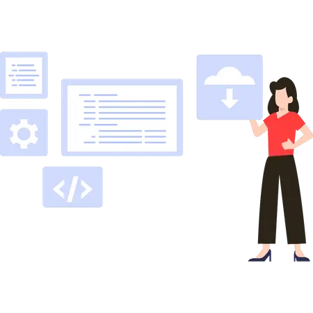 Mädchen schaut sich Software-Codierung an  Illustration