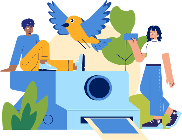 Mädchen schaut Vogel an, während es ein Vogelfoto macht  Illustration