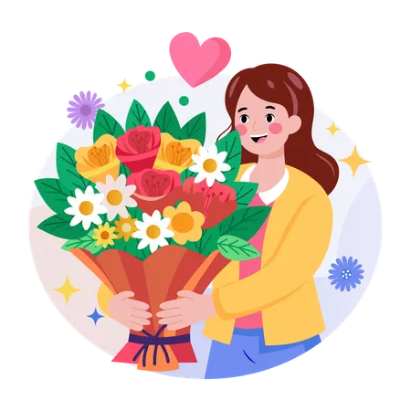 Mädchen gibt Blumenstrauß an Geburtstagskind  Illustration