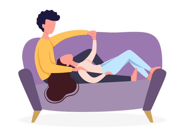 Mädchen schläft auf dem Schoß des Jungen auf der Couch  Illustration