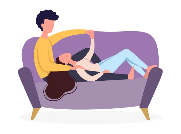 Mädchen schläft auf dem Schoß des Jungen auf der Couch  Illustration