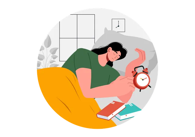 Mädchen schläft mit Büchern und Wecker im Bett  Illustration