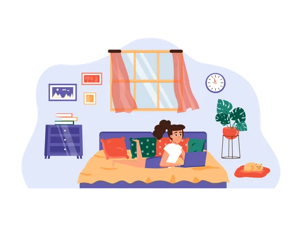 Mädchen schläft im Bett und macht freiberuflichen Job  Illustration