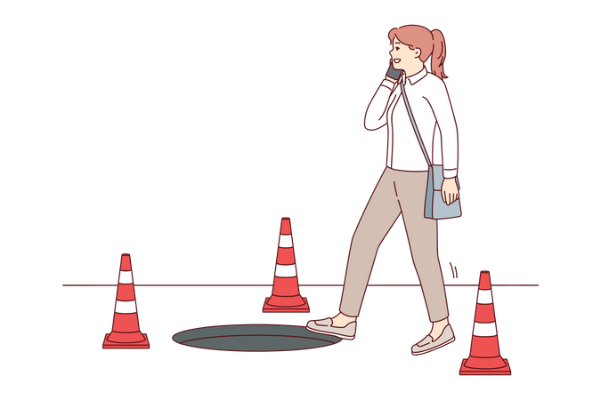 Mädchen schlendert durch Baustelle und telefoniert  Illustration