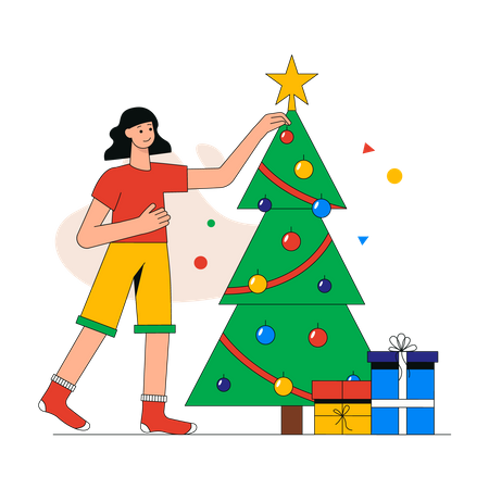 Mädchen schmückt Weihnachtsbaum  Illustration