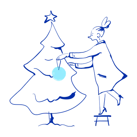 Mädchen schmückt Weihnachtsbaum  Illustration