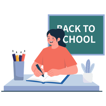 Mädchen schreibt im Klassenzimmer auf Notizbuch  Illustration