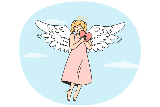 Mädchen schwebt im Himmel und umarmt Herz  Illustration