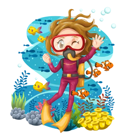 Mädchen schwimmt unter Wasser  Illustration