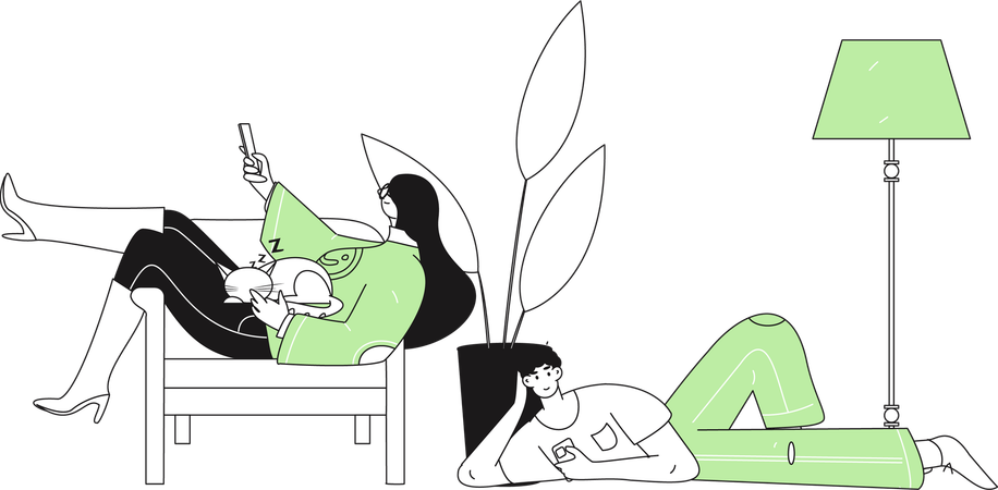 Mädchen sieht fern, während Mann aufs Handy schaut  Illustration