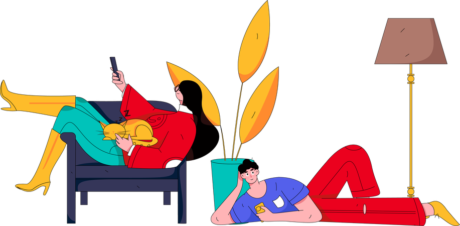 Mädchen sieht fern, während Mann aufs Handy schaut  Illustration