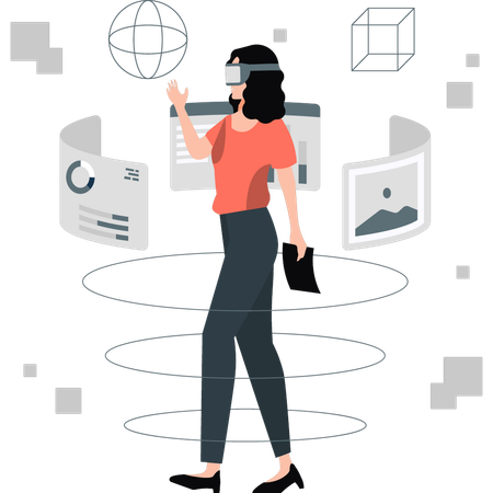 Mädchen sieht Geschäftsstrategie durch VR-Brille  Illustration